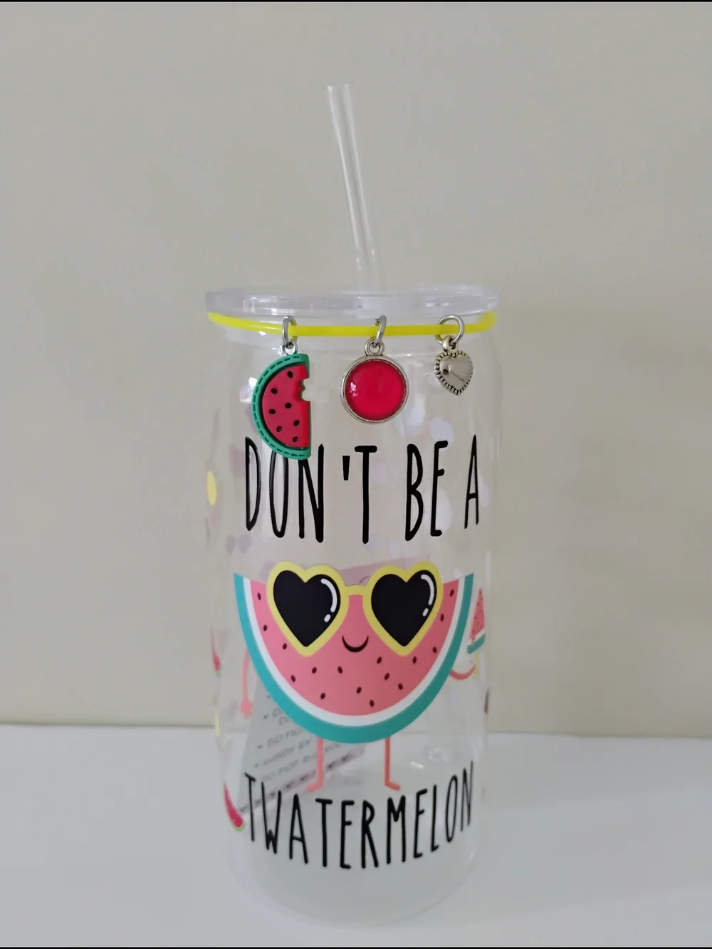 *HANDMADE* DON'T BE A TW*TERMELON ACRYLIC TUMBLER WITH CHARMS 16 oz.